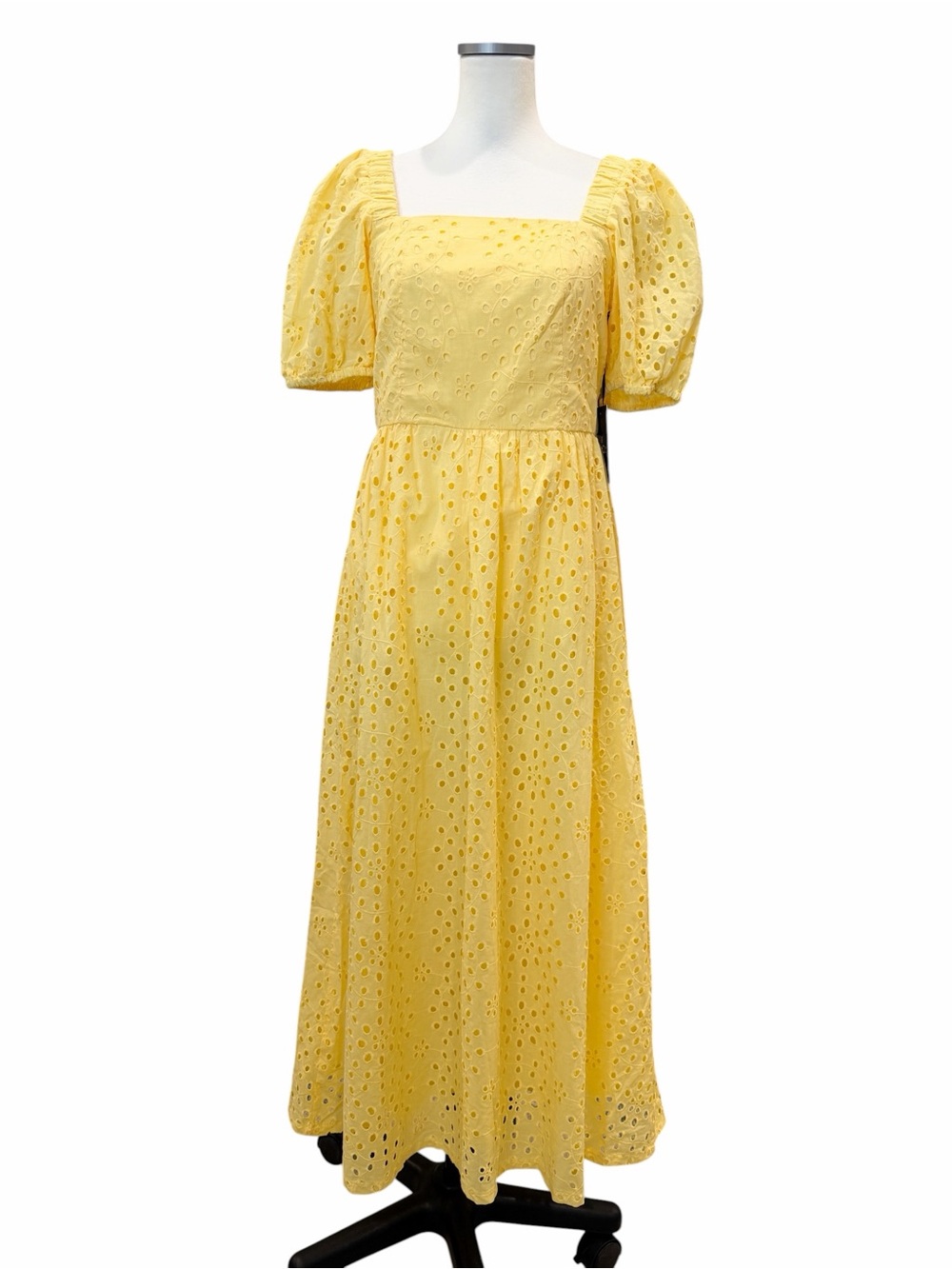 CeCe Eyelet Cotton Midi Dress Square Neck Smocked Puff Sleeve Yellow Small NWT - Picture 3 of 15